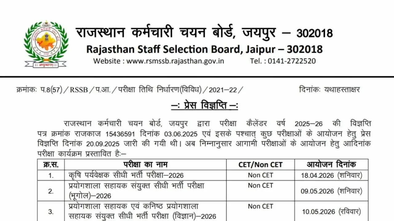राजस्थान में 2026 के लिए RSSB भर्ती परीक्षा का कैलेंडर जारी