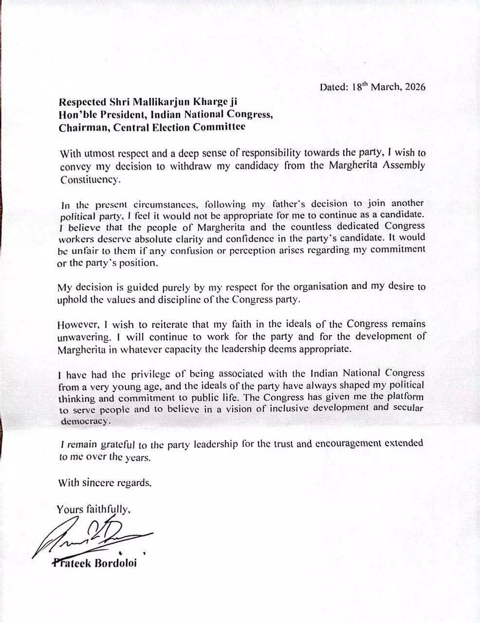 प्रतीक बोरडोलोई ने कांग्रेस की चुनावी दौड़ से हटने का लिया फैसला