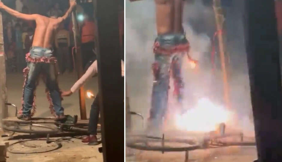 दीवाली पर खतरनाक स्टंट: युवक के शरीर पर पटाखे लपेटकर आग लगाई गई