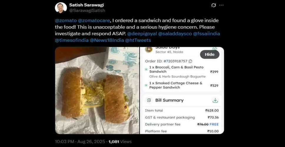 नोएडा में सैंडविच में मिला प्लास्टिक का दस्ताना, ग्राहक की शिकायत से हड़कंप