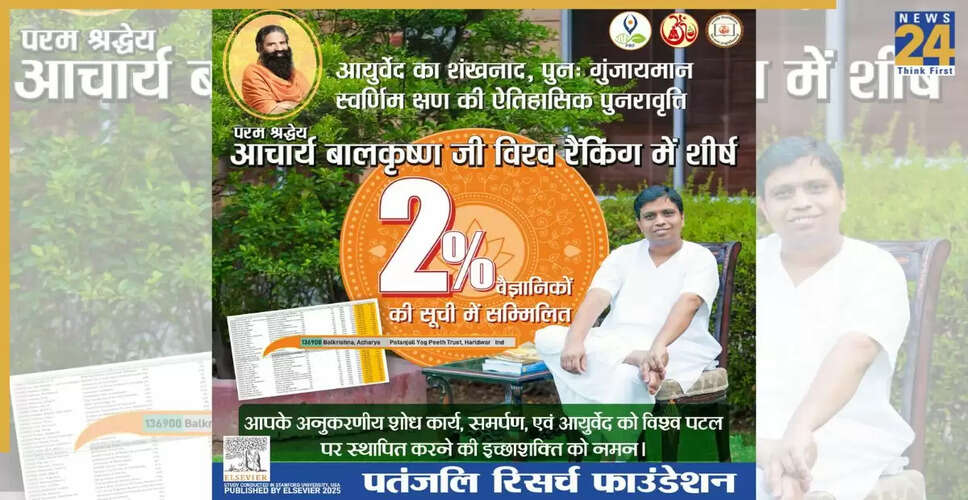 आचार्य बालकृष्ण का वैश्विक वैज्ञानिकों में शीर्ष 2% में स्थान