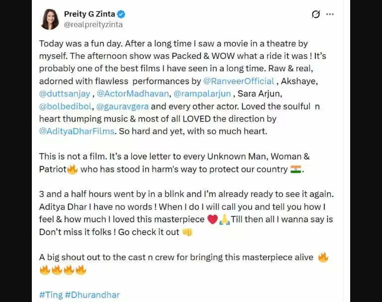 प्रीति जिंटा ने 'धुरंधर' को बताया मास्टरपीस, साझा किया दिल छू लेने वाला रिव्यू