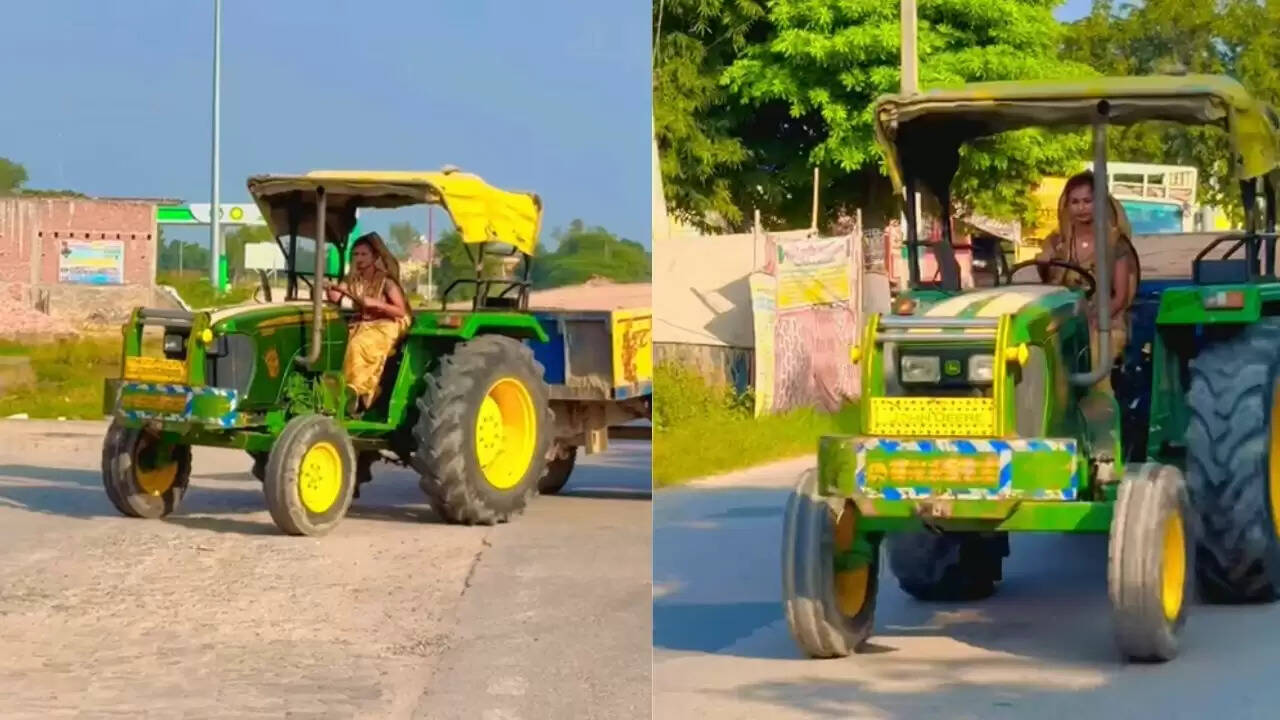 महिला ने साड़ी पहनकर ट्रैक्टर चलाकर किया सबको हैरान